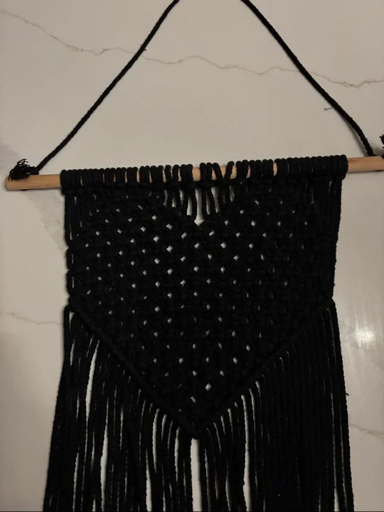 Black Macrame Wall Hanging with Wooden Dowel - Picture 2 of 2